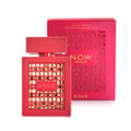 Rave Now Rouge Perfume EDP 100ml by RAVE — A red box with a geometric pattern sits next to an orange perfume bottle with a similar geometric cutout design. | Rave Now Rouge Perfume EDP 100ml by RAVE — Kotak merah dengan corak geometri terletak di sebelah botol minyak wangi oren dengan reka bentuk potongan geometri