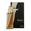 French Avenue Obsidian Eau De Parfum 100ml — A gold and black perfume bottle with ornate gold detailing stands next to its matching black box with gold artistic accents. | French Avenue Obsidian Eau De Parfum 100ml — Botol minyak wangi emas dan hitam dengan perincian emas berukir berdiri di sebelah kotak hitamnya yang