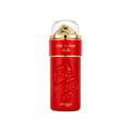 Zimaya Ode to Rose Bella Eau De Parfum — A red perfume bottle with embossed roses and a gold-accented clear cap sits next to its matching red patterned gift box with embossed gold roses. | Zimaya Ode to Rose Bella Eau De Parfum — Botol minyak wangi merah dengan bunga ros timbul dan penutup jernih beraksen emas