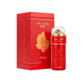 Zimaya Ode to Rose Bella Eau De Parfum — A red perfume bottle with embossed roses and a gold-accented clear cap sits next to its matching red patterned gift box with embossed gold roses. | Zimaya Ode to Rose Bella Eau De Parfum — Botol minyak wangi merah dengan bunga ros timbul dan penutup jernih beraksen emas