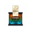 Armaf Ombre Fresh by Armaf 100ml EDP Unisex — Glass perfume bottle with gradient amber-to-teal liquid, gold cap, on a black speckled base, next to its blue gradient box.