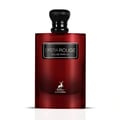 Maison Alhambra Opera Rouge — A deep red, rectangular perfume bottle with a black textured cap and a silver label reading "OPERA ROUGE EAU DE PARFUM" and a deer logo below, stands next to its matching black and red box. | Maison Alhambra Opera Rouge — Botol minyak wangi berbentuk segi empat berwarna merah pekat dengan