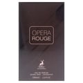 Maison Alhambra Opera Rouge — A deep red, rectangular perfume bottle with a black textured cap and a silver label reading "OPERA ROUGE EAU DE PARFUM" and a deer logo below, stands next to its matching black and red box. | Maison Alhambra Opera Rouge — Botol minyak wangi berbentuk segi empat berwarna merah pekat dengan