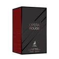 Maison Alhambra Opera Rouge — A deep red, rectangular perfume bottle with a black textured cap and a silver label reading "OPERA ROUGE EAU DE PARFUM" and a deer logo below, stands next to its matching black and red box. | Maison Alhambra Opera Rouge — Botol minyak wangi berbentuk segi empat berwarna merah pekat dengan