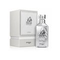 Zimaya Oscar Platinum — Silver perfume bottle and its grey textured box packaging, both featuring black Arabic calligraphy and text.