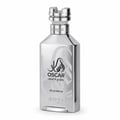 Zimaya Oscar Platinum — Silver perfume bottle and its grey textured box packaging, both featuring black Arabic calligraphy and text.