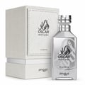 Zimaya Oscar Platinum — Silver perfume bottle and its grey textured box packaging, both featuring black Arabic calligraphy and text.