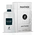 Maison Alhambra Panther Pour Homme — White glass perfume bottle with a dark label and a white box with embossed text and a deer logo. | Botol minyak wangi kaca putih Maison Alhambra Panther Pour Homme dengan label gelap dan kotak putih bertekstur timbul serta logo rusa.