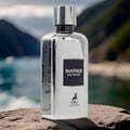 Maison Alhambra Panther Pour Homme — White glass perfume bottle with a dark label and a white box with embossed text and a deer logo. | Botol minyak wangi kaca putih Maison Alhambra Panther Pour Homme dengan label gelap dan kotak putih bertekstur timbul serta logo rusa.
