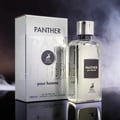 Maison Alhambra Panther Pour Homme — White glass perfume bottle with a dark label and a white box with embossed text and a deer logo. | Botol minyak wangi kaca putih Maison Alhambra Panther Pour Homme dengan label gelap dan kotak putih bertekstur timbul serta logo rusa.