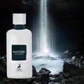 Maison Alhambra Panther Pour Homme — White glass perfume bottle with a dark label and a white box with embossed text and a deer logo. | Botol minyak wangi kaca putih Maison Alhambra Panther Pour Homme dengan label gelap dan kotak putih bertekstur timbul serta logo rusa.