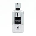 Maison Alhambra Panther Pour Homme — White glass perfume bottle with a dark label and a white box with embossed text and a deer logo. | Botol minyak wangi kaca putih Maison Alhambra Panther Pour Homme dengan label gelap dan kotak putih bertekstur timbul serta logo rusa.