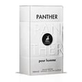 Maison Alhambra Panther Pour Homme — White glass perfume bottle with a dark label and a white box with embossed text and a deer logo. | Botol minyak wangi kaca putih Maison Alhambra Panther Pour Homme dengan label gelap dan kotak putih bertekstur timbul serta logo rusa.