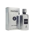 Maison Alhambra Panther Pour Homme — White glass perfume bottle with a dark label and a white box with embossed text and a deer logo. | Botol minyak wangi kaca putih Maison Alhambra Panther Pour Homme dengan label gelap dan kotak putih bertekstur timbul serta logo rusa.