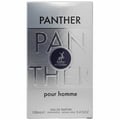 Maison Alhambra Panther Pour Homme — White glass perfume bottle with a dark label and a white box with embossed text and a deer logo. | Botol minyak wangi kaca putih Maison Alhambra Panther Pour Homme dengan label gelap dan kotak putih bertekstur timbul serta logo rusa.