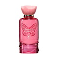 Maison Alhambra Papillon D'Or 100ml Maison Alhambra — A red glass perfume bottle with a pink cap sits next to its matching bright pink box, which features a gold butterfly design. | Maison Alhambra Papillon D'Or 100ml Maison Alhambra — Botol kaca merah dengan penutup merah jambu duduk bersebelahan dengan kotak merah