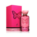 Maison Alhambra Papillon D'Or 100ml Maison Alhambra — A red glass perfume bottle with a pink cap sits next to its matching bright pink box, which features a gold butterfly design. | Maison Alhambra Papillon D'Or 100ml Maison Alhambra — Botol kaca merah dengan penutup merah jambu duduk bersebelahan dengan kotak merah