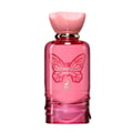 Maison Alhambra Papillon D'Or 100ml Maison Alhambra — A red glass perfume bottle with a pink cap sits next to its matching bright pink box, which features a gold butterfly design. | Maison Alhambra Papillon D'Or 100ml Maison Alhambra — Botol kaca merah dengan penutup merah jambu duduk bersebelahan dengan kotak merah