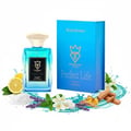 Bujairami Perfect Life — Blue glass perfume bottle with gold cap next to matching blue box with gold logo.