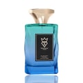 Bujairami Perfect Life — Blue glass perfume bottle with gold cap next to matching blue box with gold logo.