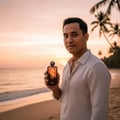 Malay man perfume lifestyle shot at Langkawi beach, soft warm sunset, romantic masculine tone.