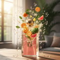 9 AM Pour Femme 100 ml EDP by Afnan – Perfume bottle with fruit-themed design on a table with a blurred background
