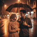 Malay hijabi woman and partner sharing umbrella at night in KL, 9PM Elixir held in man's hand, warm street bokeh, cinematic romantic mood