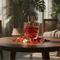 Beli perfume Rare Passion original Malaysia – Perfume bottle with floral decorations on a wooden table in a home setting
