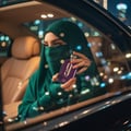 hijabi woman inside car holding perfume with malaysia city night lights romantic cinematic
