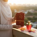 Malay woman holding Afnan Rare Passion perfume bottle and box sunrise balcony women fragrance Malaysia
