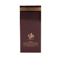 Brown packaging with gold accents and text on a white background