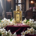Kayaan Gold framed by white tuberose and jasmine with moonlit window glow; Malaysian home; bottle and box clearly visible.