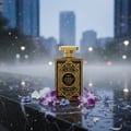 Oud Mystery Intense Perfume bottle on rain-wet marble with orchid petals and soft city reflection – feminine sweet fragrance Malaysia”