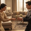 Oud Mystery with Malaysian man and woman playfully reaching for the same perfume bottle in warm indoor light – elegant romantic perfume scene Malaysia