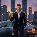 Men perfume bottle with tangerine slice in luxury car arrival Kuala Lumpur dusk – Al Dirgham men fragrance Malaysia