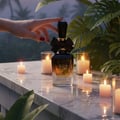 Women perfume on rain-wet marble terrace with candle glow and tropical plants – elegant fragrance Malaysia