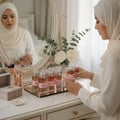 wanita melayu berhijab menyusun lil nisae faqat di meja solek