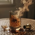 Perfume bottle broken, woody musk trail emerging; Malaysian home interior Malaysia — clear bottle and box, cinematic lighting