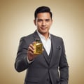 Lelaki Malaysia memegang Oud 24 Majestic, gaya yakin maskulin