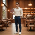 Lelaki Melayu di kafe interior kayu dengan Oudi – vibe classy Malaysia