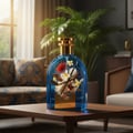 Satwa perfume bottle with floral design on a wooden table in a living room setting