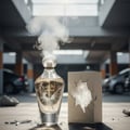 Perfume bottle broken, white floral coconut haze emerging; car park under soft light Malaysia — clear bottle and box, cinematic lighting.