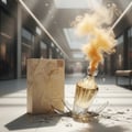 Perfume bottle broken, mango vapor emerging; shopping mall hallway Malaysia — clear bottle and box, cinematic lighting.