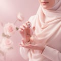 Wanita berhijab Malaysia memegang Heibah, cahaya pink lembut feminin