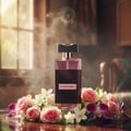 Botol minyak wangi pecah mengeluarkan bunga dan wap vanila, gadis Malaysia tersenyum kagum; botol dan kotak jelas kelihatan.