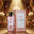Glitz & Glam perfume with champagne bubbles and glitter confetti in a Malaysian gala; bottle and box clearly visible, cinematic realism.