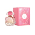 Pink perfume bottle and packaging on a white background