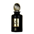 Perfume bottle with gold and black design on a decorative background