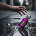 Purple perfume bottle with gold cap on a blurred background