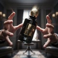 Black perfume bottle with gold cap and label on a wooden surface, featuring the brand 'Mountain Nuit Paris'.
